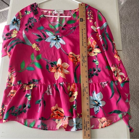 Laundry by Shelli Segal Pink Floral Bell Sleeve Blouse Women Large Ruffle Waist - Picture 8 of 10
